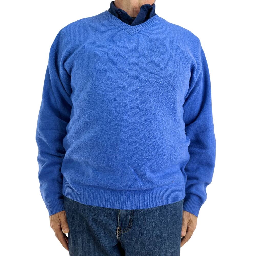 Eddie Bauer Wool V Neck Sweater Cerulean Blue Vintage Long Sleeve Pullover